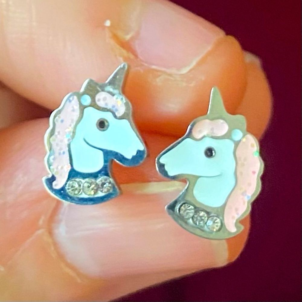 NWOT Girls Magical Unicorn Enamel & Crystal Studs Hypoallergenic Stainless Steel